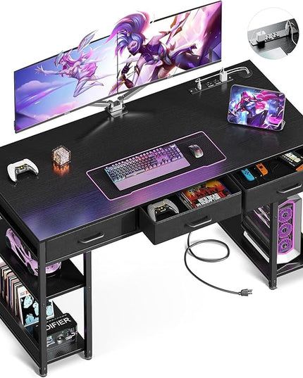 AODK 55 Inch Gaming Desk with Fabric Drawers & Power Outlets, Computer Desk with Storage Shelves & CPU Stand, Gamer Table, Study Desk with Type-C & USB, Writing Desk for Bedroom, Black - LeafyLoom