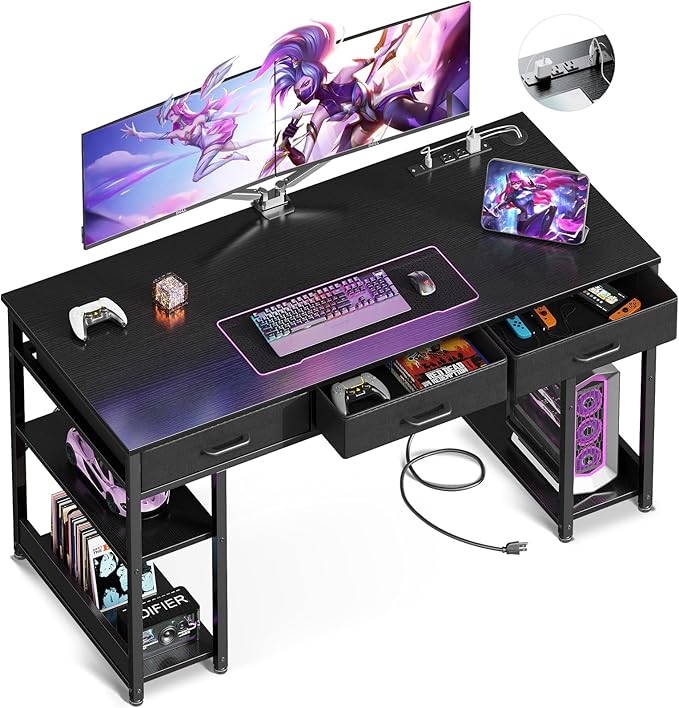 AODK 55 Inch Gaming Desk with Fabric Drawers & Power Outlets, Computer Desk with Storage Shelves & CPU Stand, Gamer Table, Study Desk with Type-C & USB, Writing Desk for Bedroom, Black - LeafyLoom