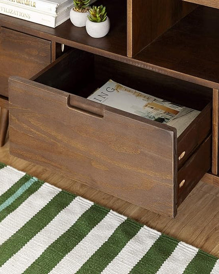Walker Edison 3-Drawer Mid Century Modern Wood TV Stand for TV's up to 65" Flat Screen Cabinet Door Living Room Storage Entertainment Center, 58 Inch, Walnut - LeafyLoom