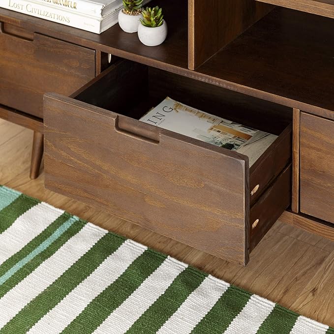 Walker Edison 3-Drawer Mid Century Modern Wood TV Stand for TV's up to 65" Flat Screen Cabinet Door Living Room Storage Entertainment Center, 58 Inch, Walnut - LeafyLoom