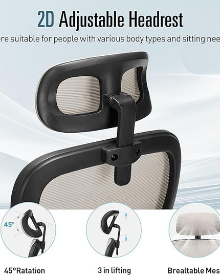 Office Chair, Ergonomic Office Chair Desk Chair with Headrest, High Back Mesh Computer Chairs for Home Office with Adjustable Back Support, 350lbs Comfortable Gray Office Chair, Tilt Lock - LeafyLoom