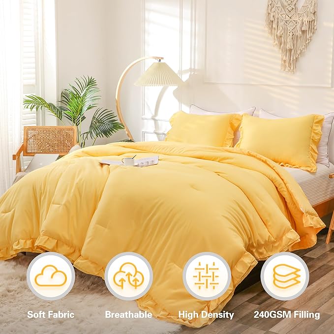 Yellow Double Ruffle Comforter Set Queen Size (90x90 Inch), 3 Pcs Farmhouse Vintage Comforter Set (1 Ruffled Comforter and 2 Pillowcase), Rustic All Season Down Alternative Bedding Set - LeafyLoom