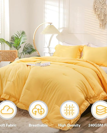 Yellow Double Ruffle Comforter Set Twin Size (66x90 Inch), 2 Pcs Farmhouse Vintage Comforter Set (1 Ruffled Comforter and 1 Pillowcase), Rustic All Season Down Alternative Bedding Set - LeafyLoom