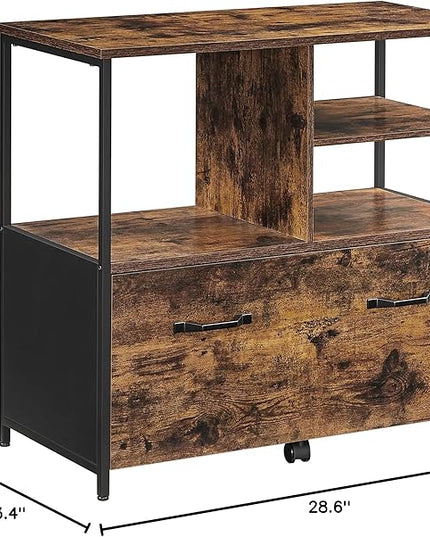 VASAGLE Lateral File Cabinet with Open Shelves and Drawer, for A4, Letter and Legal Sized Documents, Printer Stand, Rustic Brown + Black - LeafyLoom