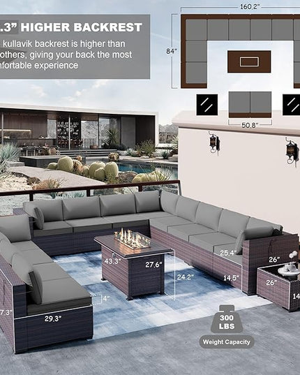 Kullavik 15PCS Outdoor Patio Furniture Set with 43" 55000BTU Gas Propane Fire Pit Table PE Wicker Rattan Sectional Sofa Patio Conversation Sets for Backyard,Grey Cushions - LeafyLoom