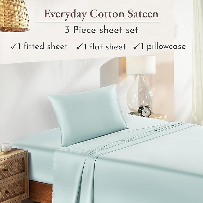 California Design Den Soft 100% Cotton Sheets Twin-XL Size Bed Sheet Sets with Deep Pockets, 3 Pc Extra Long Twin Sheets with Sateen Weave, Cooling Sheets (Seafoam) - LeafyLoom