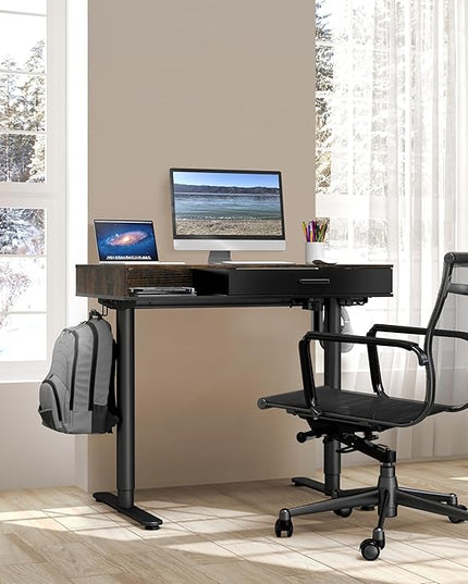 SHW Claire 40 Inch Height Adjustable Electric Standing Desk with Storage Space and Drawer, Rustic Brown - LeafyLoom