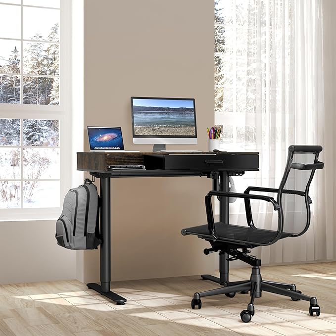 SHW Claire 40 Inch Height Adjustable Electric Standing Desk with Storage Space and Drawer, Rustic Brown - LeafyLoom