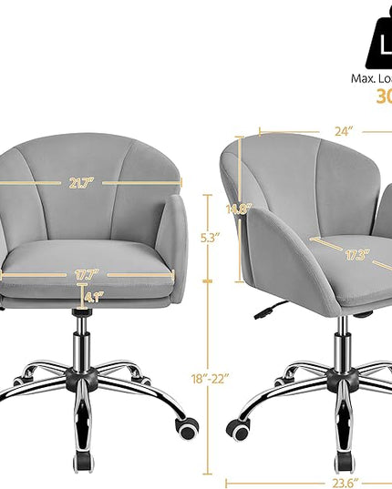 Yaheetech Cute Velvet Desk Chair for Home Office, Makeup Vanity Chair with Armrests for Bedroom Modern Swivel Rolling Chair for Women Light Gray - LeafyLoom