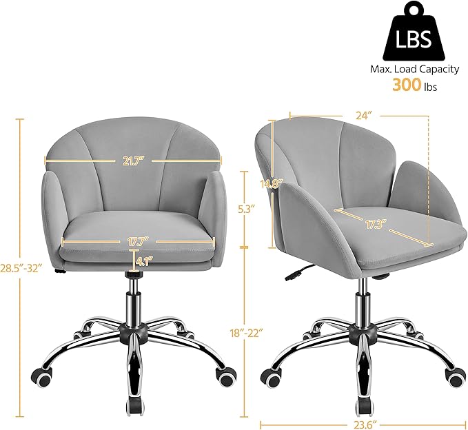 Yaheetech Cute Velvet Desk Chair for Home Office, Makeup Vanity Chair with Armrests for Bedroom Modern Swivel Rolling Chair for Women Light Gray - LeafyLoom
