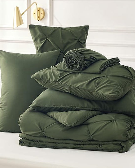 Bedsure California King Comforter Set - Cal King Bed Set 7 Pieces, Pinch Pleat Olive Green Cali King Bedding Set with Comforter, Sheets, Pillowcases & Shams - LeafyLoom