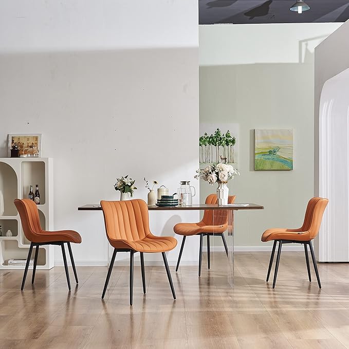 YOUNUOKE Dining Chairs Set of 2 Upholstered Mid Century Kitchen Chairs Armless Faux Leather Modern Side Chair with Padded Back Metal Legs for Living Room Bedrooms, Matte Orange - LeafyLoom