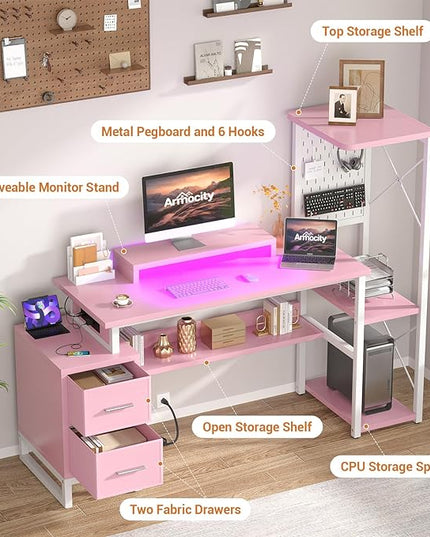 Computer Desk with 2 Fabric Drawers - Reversible Home Office Desk with Power Outlet & LED Lights, 53" Writing Desk with Monitor Stand & Storage Shelves, Gaming Desk Study Table with Pegboard, Pink - LeafyLoom