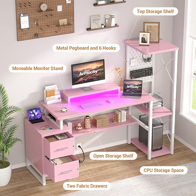 Computer Desk with 2 Fabric Drawers - Reversible Home Office Desk with Power Outlet & LED Lights, 53" Writing Desk with Monitor Stand & Storage Shelves, Gaming Desk Study Table with Pegboard, Pink - LeafyLoom
