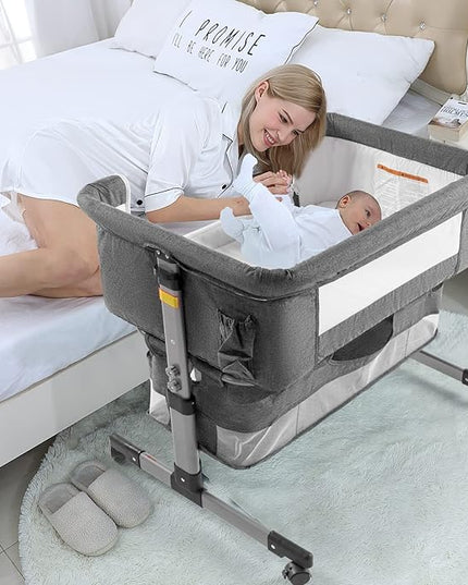Bedside Sleeper Bedside Crib, Baby Bassinet 3 in 1 Travel Baby Crib Baby Bed with Breathable Net,Adjustable Portable Bed for Infant/Baby(Deep Grey) - LeafyLoom