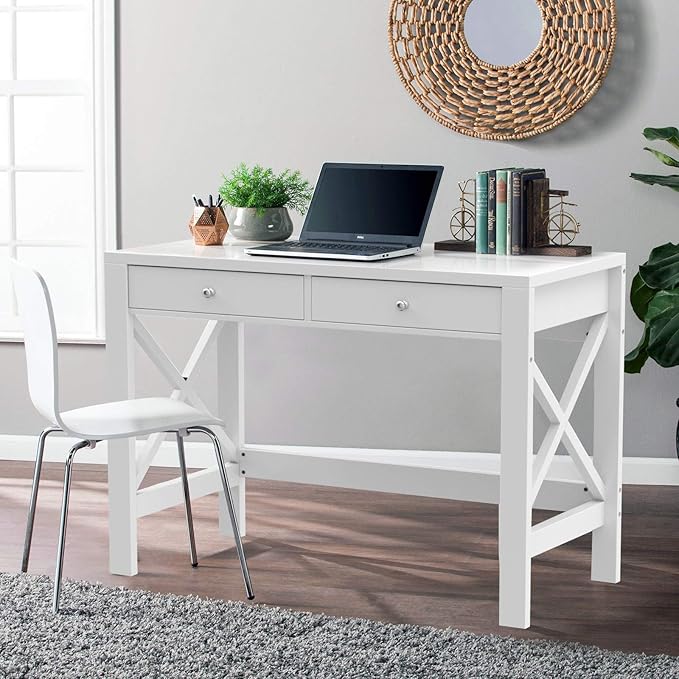ChooChoo Computer Desk Study for Home Office, Modern Simple 40 Inches White Desk with Drawers, Makeup Vanity Console Table - LeafyLoom