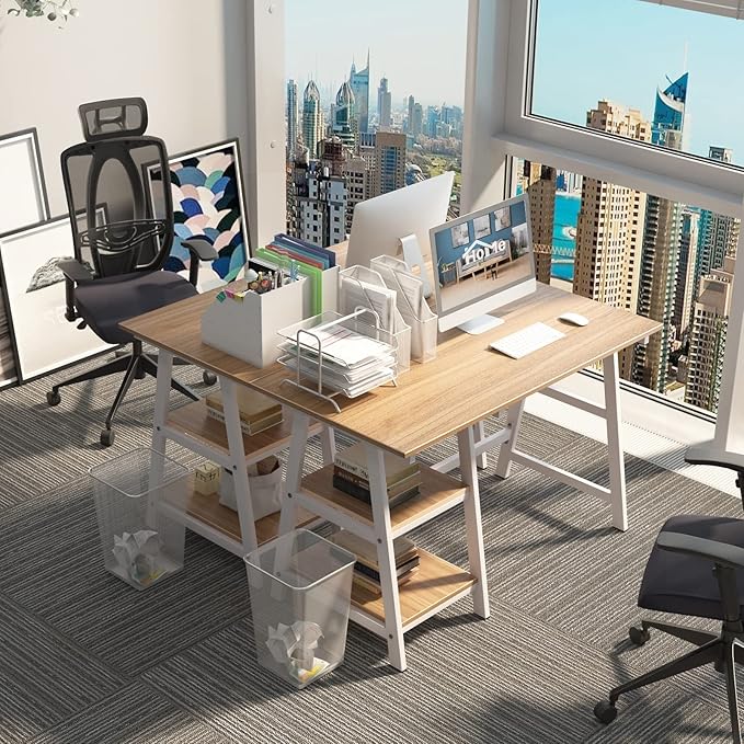 SogesHome Computer Desk 47inches Trestle Desk PC Desk with Shelf Office Desk Workstation for Home Office Use Writing Table, Oak, Tplus-120OK-SH - LeafyLoom