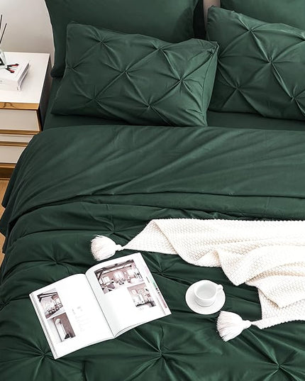 Ubauba 7pc Dark Green Comforter Set Queen Size, Hunter Green Pintuck Bed in a Bag 7 Piece, All Season Emerald Pinched Pleat Bedding Set with Comforter and Sheets (Green,Queen) - LeafyLoom