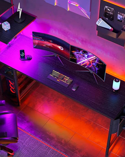 Bestier Gaming Desk with Shelves, 61 Inch Large PC Gaming Table with LED Lights, Led Gamer Desk with 4 Tiers Reversible Storage Shelves for Game & Bedroom Room (Black Grained) - LeafyLoom