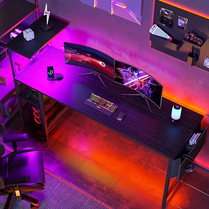 Bestier Gaming Desk with Shelves, 61 Inch Large PC Gaming Table with LED Lights, Led Gamer Desk with 4 Tiers Reversible Storage Shelves for Game & Bedroom Room (Black Grained) - LeafyLoom