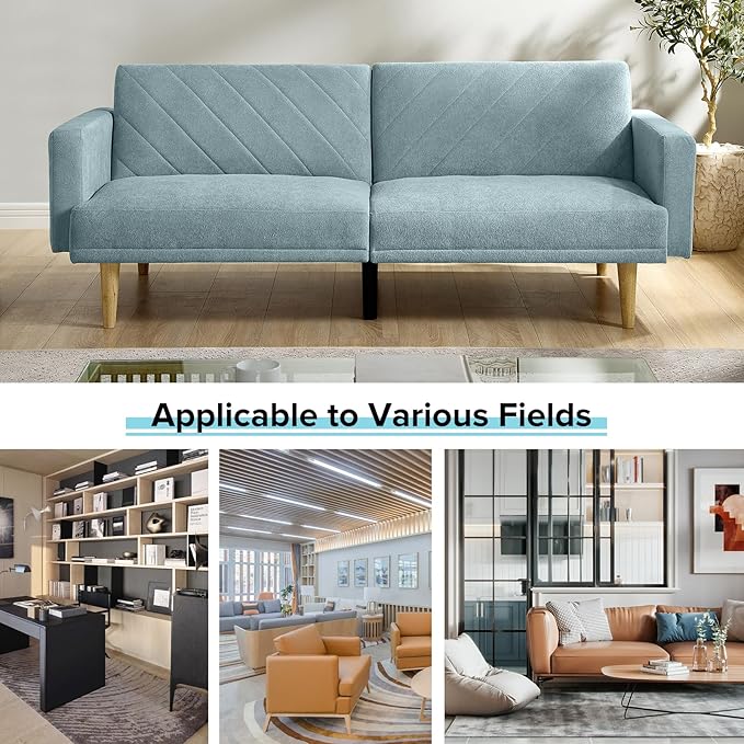 Folding Futon Sofa Tapered Wood Legs,Modern Space Saving Couch,Easily Converts to Single Bed,Easy Assembly,Multi-Functional Loveseat Ideal for Small Home Living Room,Blue, 76" - LeafyLoom