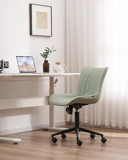 YOUNIKE Office Chair, Armless Desk Chair with Wheels, Home Office Computer Task Chairs, Modern Faux Leather Padded Vanity Chair, Adjustable Swivel Rolling Office Chair with Back, Mint Green - LeafyLoom