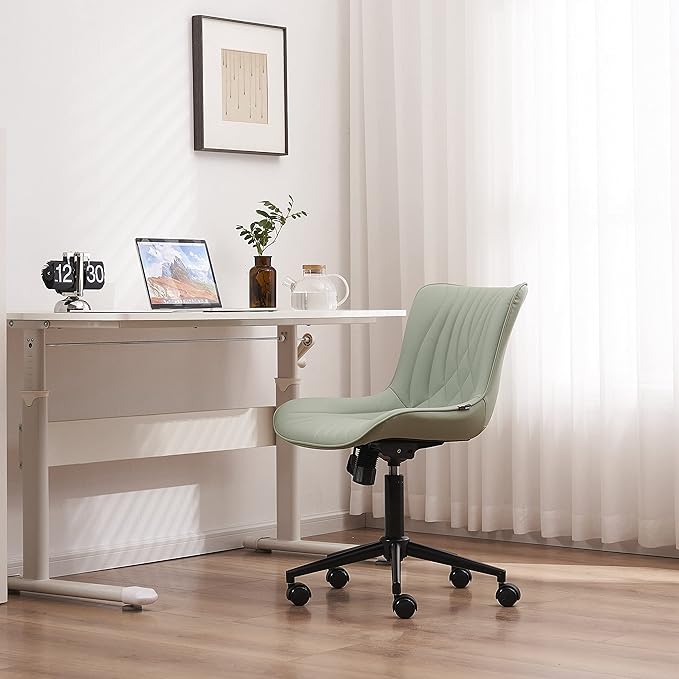 YOUNIKE Office Chair, Armless Desk Chair with Wheels, Home Office Computer Task Chairs, Modern Faux Leather Padded Vanity Chair, Adjustable Swivel Rolling Office Chair with Back, Mint Green - LeafyLoom