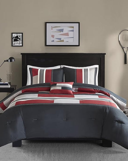 Comfort Spaces Casual Comforter Set Sporty Design, Vibrant Color, Active Lifestyle Boys Bedroom Décor, All Season Soft Microfiber Bedding Set, Decorative Pillow, Sham Black/Red Queen 4 Piece - LeafyLoom