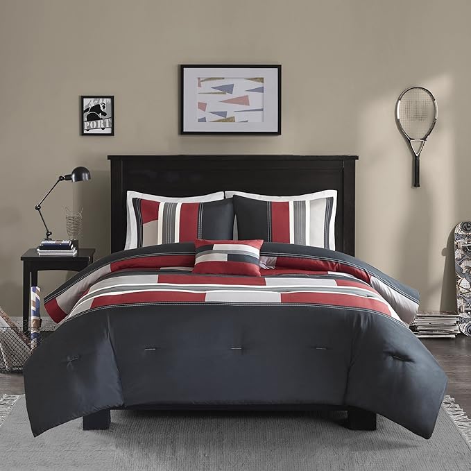 Comfort Spaces Casual Comforter Set Sporty Design, Vibrant Color, Active Lifestyle Boys Bedroom Décor, All Season Soft Microfiber Bedding Set, Decorative Pillow, Sham Black/Red Twin/Twin XL 3 Piece - LeafyLoom
