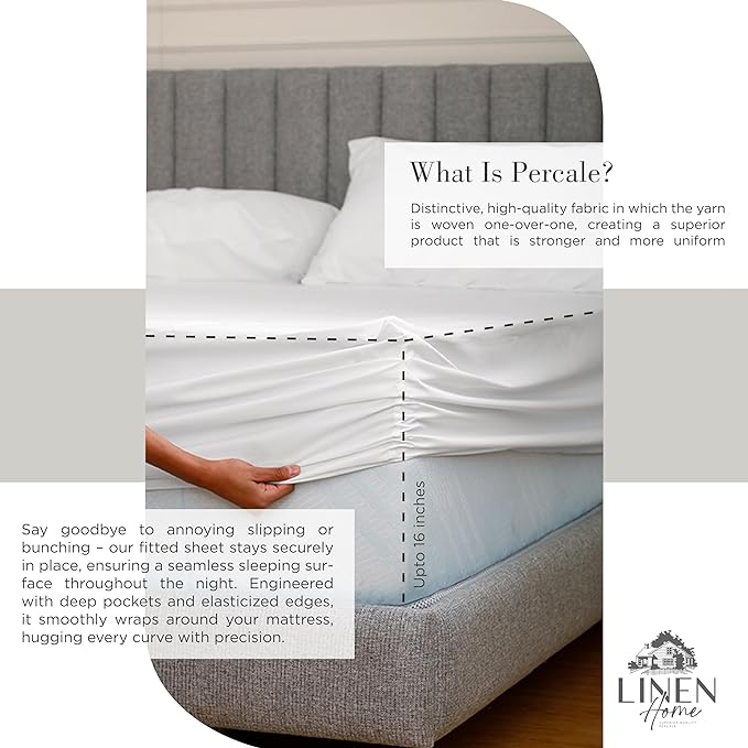 100% Cotton Percale Sheets Twin Size, White, Deep Pocket, 3 Pieces Sheet Set - 1 Flat, 1 Deep Pocket Fitted Sheet and 1 Pillowcase, Crisp Cool and Strong Bed Linen - LeafyLoom