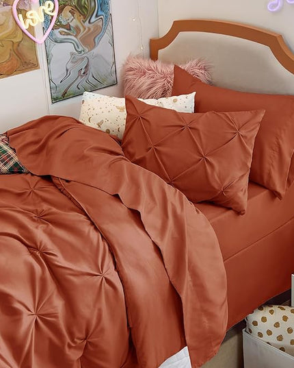 Bedsure Twin Size Comforter Sets - 5 Pieces Pintuck Bed Set Twin Size, Orange Twin Size Bed in a Bag with Comforter, Sheets, Pillowcase & Sham - LeafyLoom