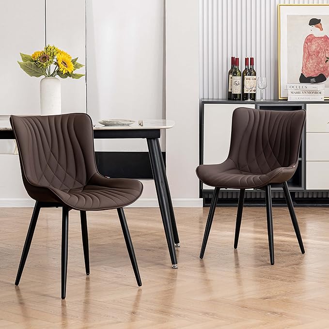 YOUTASTE Brown Dining Chairs Set of 2 Upholstered Mid Century Modern Kitchen&Dining Room Chairs Armless Faux Leather Accent Chairs Vanity Lounge Side Chair with Back for Waiting Room Bedrooms - LeafyLoom