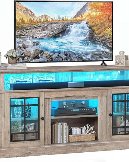 YITAHOME Modern TV Stand for 75 Inch TV with LED Lights, 32'' Tall Mid Century Modern TV Cabinet w/Adjustable Shelves & Glass Doors, Entertainment Center Media Console Table for Living Room, Grey Wash - LeafyLoom