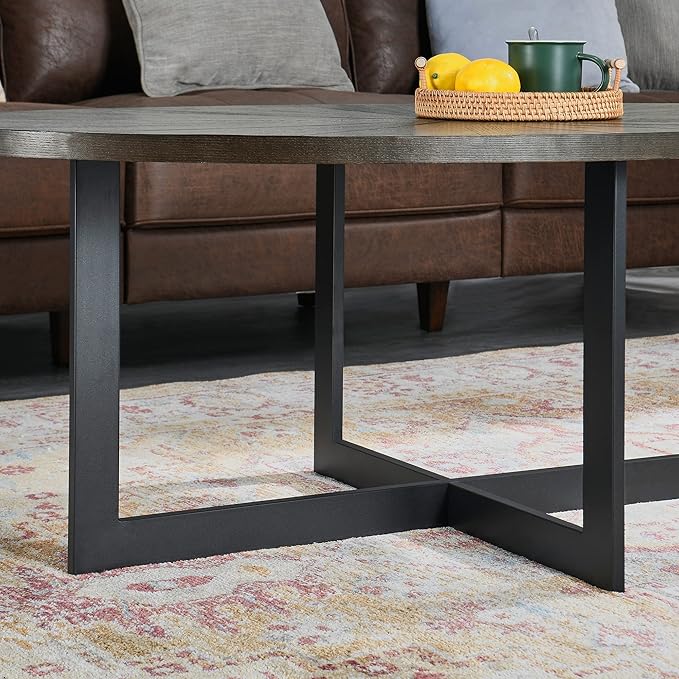 Solid Wood Oval Coffee Table with Cross Metal Legs, 47.9" Industrail Bar Cocktail Table for Living Room Kitchen Office Sofa Table Bristro Table for Cafe/Bar Black 1831BK - LeafyLoom