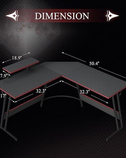 L Shaped Gaming Desk, 51 Inch Computer Corner Table with Large Monitor Stand & Carbon Fiber Surface for Home Office Study Writing Workstation, Black - LeafyLoom
