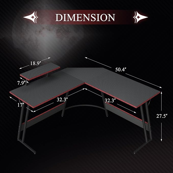 L Shaped Gaming Desk, 51 Inch Computer Corner Table with Large Monitor Stand & Carbon Fiber Surface for Home Office Study Writing Workstation, Black - LeafyLoom