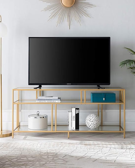 Henn&Hart Rectangular TV Stand with Glass Shelves for TV's up to 60" in Brass, TV Stands for the Living Room - LeafyLoom