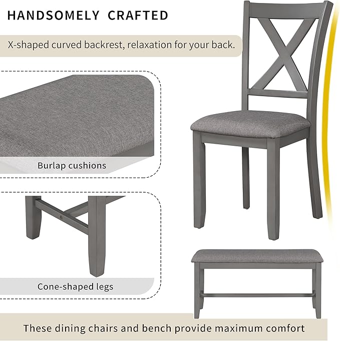 6-Piece Classic Dinette Sets Rectangular Wooden Kitchen Dining Table, 4 Fabric Chairs & Bench, for Diningroom Living Room, Easy to Assemble, Gray 6 - LeafyLoom