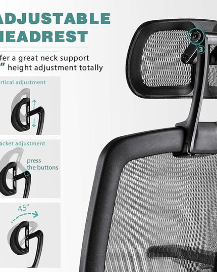 GABRYLLY Ergonomic Mesh Office Chair, High Back Desk Chair - Adjustable Headrest with Flip-Up Arms, Tilt Function, Lumbar Support and PU Wheels, Swivel Computer Task Chair - LeafyLoom