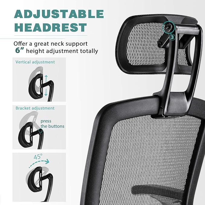 GABRYLLY Ergonomic Mesh Office Chair, High Back Desk Chair - Adjustable Headrest with Flip-Up Arms, Tilt Function, Lumbar Support and PU Wheels, Swivel Computer Task Chair - LeafyLoom
