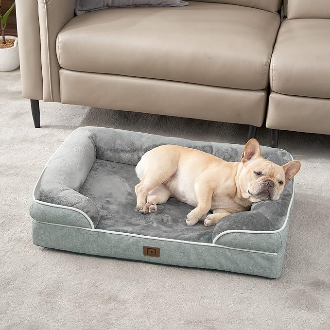 EHEYCIGA Orthopedic Dog Beds for Large Dogs, Waterproof Memory Foam Large Dog Bed with Sides, Non-Slip Bottom and Egg-Crate Foam Large Dog Couch Bed with Washable Removable Cover, Greyish Green EHEYCIGA