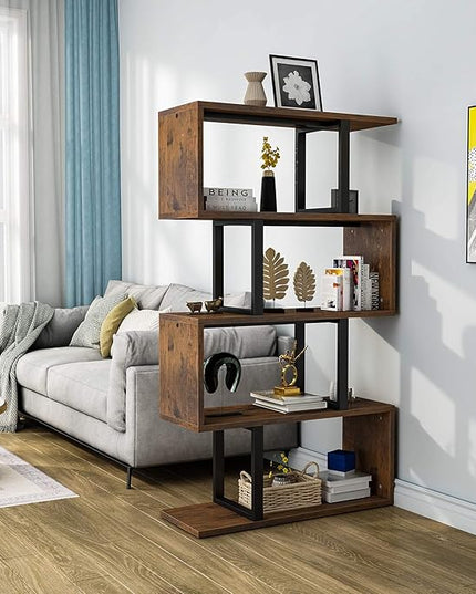 YITAHOME 5 Tiers Bookshelf, Modern S-Shaped Z-Shelf Style Bookshelves, Multifunctional Geometric Bookcase Storage Display Shelf for Living Room Bedroom Home Office, Retro Brown - LeafyLoom
