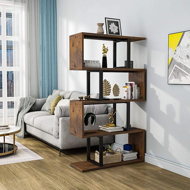 YITAHOME 5 Tiers Bookshelf, Modern S-Shaped Z-Shelf Style Bookshelves, Multifunctional Geometric Bookcase Storage Display Shelf for Living Room Bedroom Home Office, Retro Brown - LeafyLoom