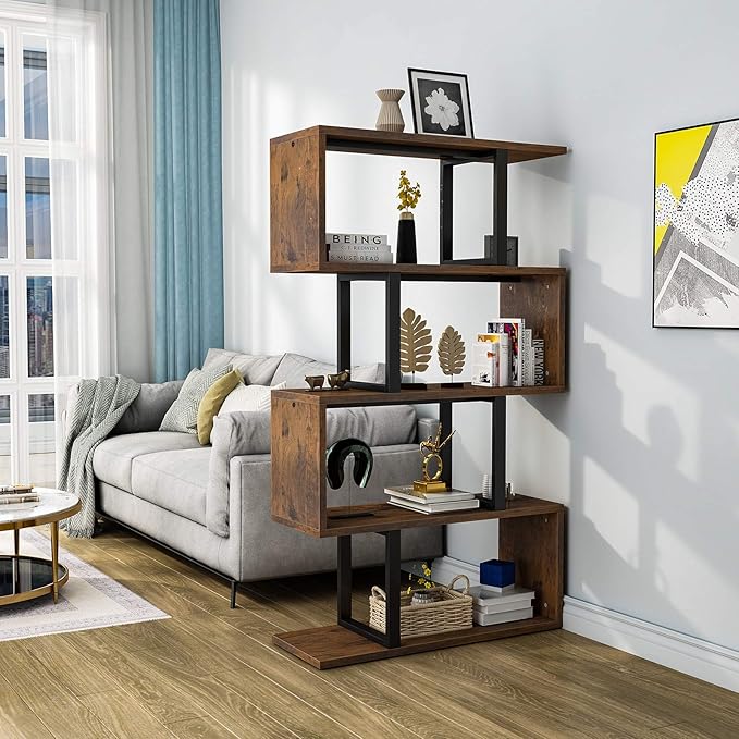 YITAHOME 5 Tiers Bookshelf, Modern S-Shaped Z-Shelf Style Bookshelves, Multifunctional Geometric Bookcase Storage Display Shelf for Living Room Bedroom Home Office, Retro Brown - LeafyLoom