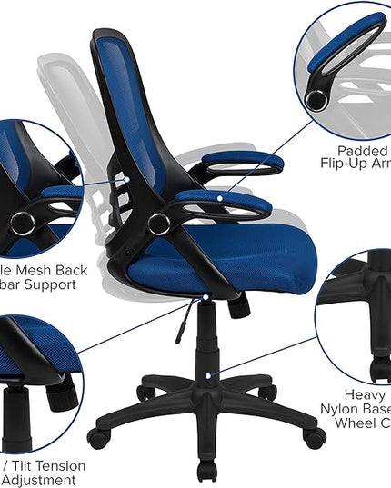 Flash Furniture Porter High-Back Swivel Office Chair with Adjustable Lumbar Support and Seat Height, Ergonomic Mesh Desk Chair with Flip-Up Armrests, Blue/Black - LeafyLoom