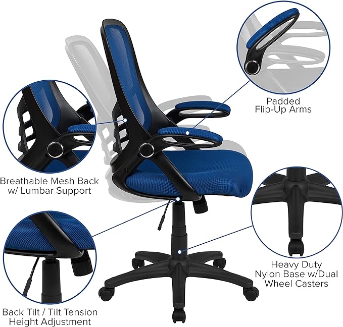 Flash Furniture Porter High-Back Swivel Office Chair with Adjustable Lumbar Support and Seat Height, Ergonomic Mesh Desk Chair with Flip-Up Armrests, Blue/Black - LeafyLoom