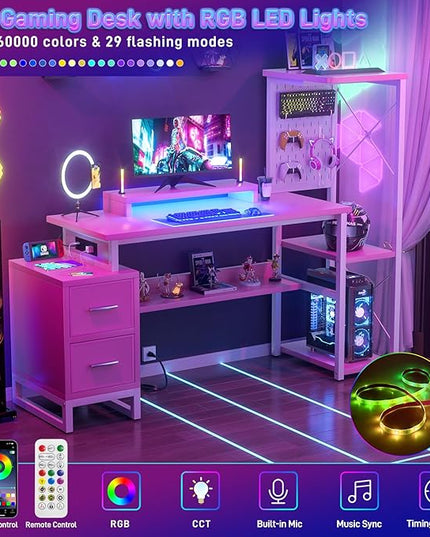 Computer Desk with 2 Fabric Drawers - Reversible Home Office Desk with Power Outlet & LED Lights, 53" Writing Desk with Monitor Stand & Storage Shelves, Gaming Desk Study Table with Pegboard, Pink - LeafyLoom