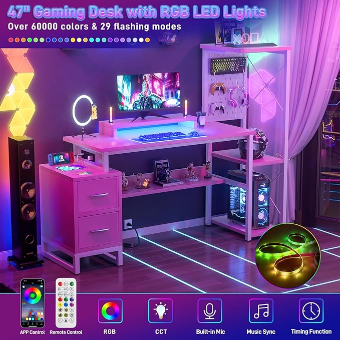 Computer Desk with 2 Fabric Drawers - Reversible Home Office Desk with Power Outlet & LED Lights, 53" Writing Desk with Monitor Stand & Storage Shelves, Gaming Desk Study Table with Pegboard, Pink - LeafyLoom