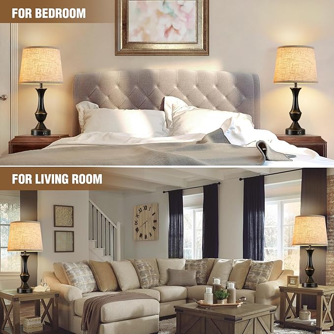 Luvkczc Table Lamps for Bedrooms Set of 2, Bedside Lamps with USB C+A Ports, Lamps for Nightstand, Touch Table Lamps, 3 Way Dimmable Nightstand Lamps for Bedroom, Living Room (Bulb Included) - LeafyLoom