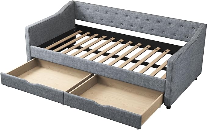Twin Size Upholstered Daybed with Button Tufted Back and Waved Shape Arms,Elegant Wood Storage Sofa Bed w/Two Drawers,Slat Support,for Apartment,Bedroom,Light Grey - LeafyLoom
